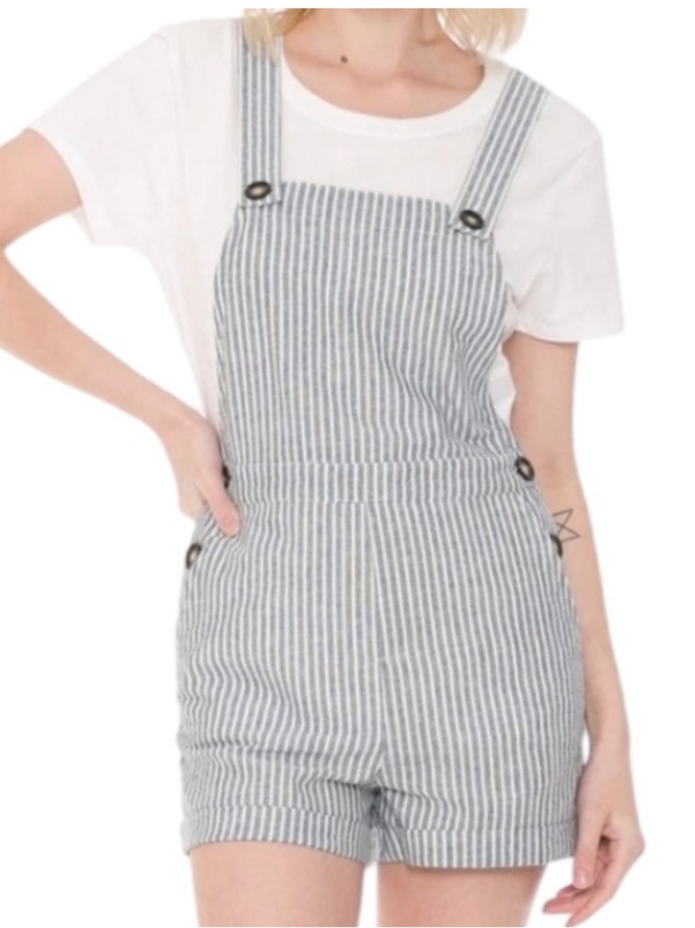 Cali 1850 Los Angeles Blue & White Striped Linen Blend Overall Shorts Romper Med